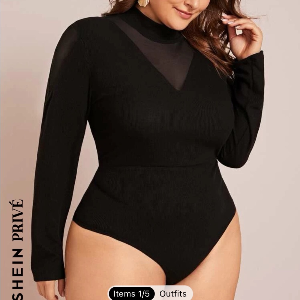 BRAND NEW IN BAG.SHEIN Privé Plus Mock-neck Mesh Insert Rib-knit Fitted Bodysuit